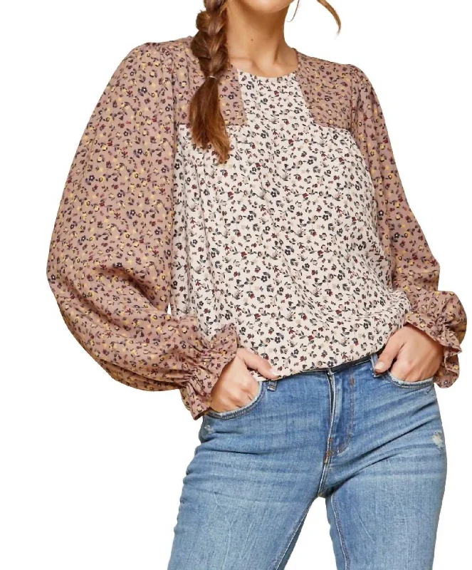 Limited Edition ShirtsTwo-Tone Floral Blouse In Taupe/mocha