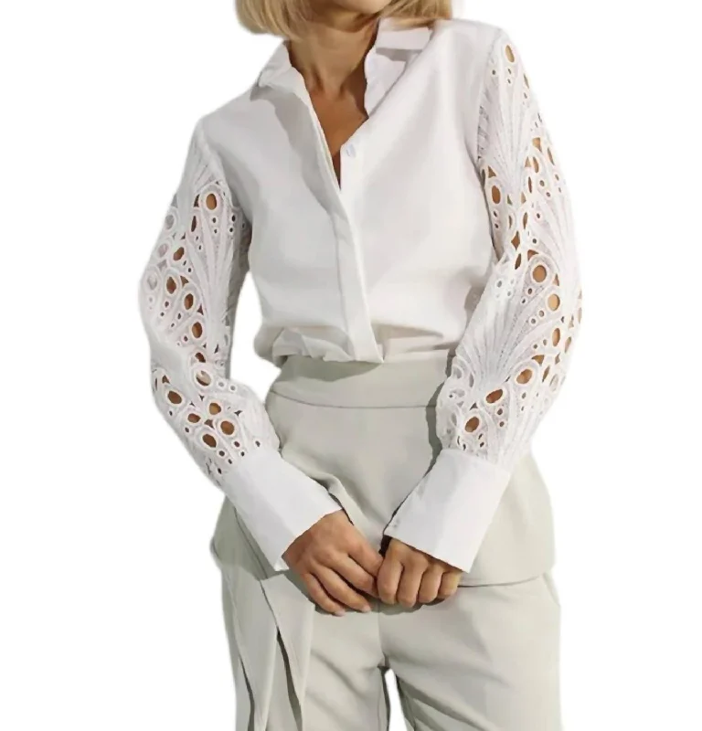 Silk ShirtsMs. Alice Lace Sleeve Button Down Blouse In White