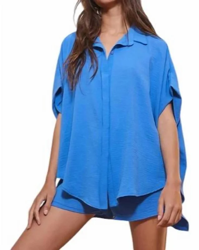 Linen ShirtsDrapey Hi Low Blouse In Cobalt