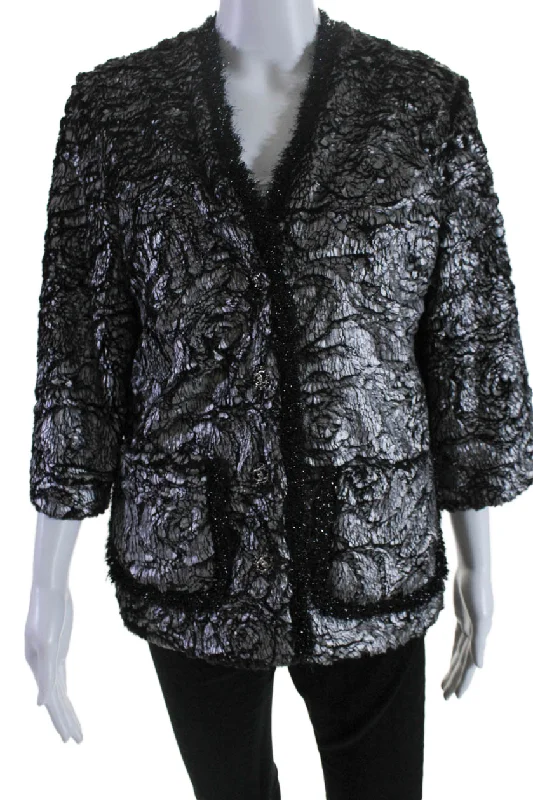 Wool JacketsChanel Womens Silk Metallic Faux Fur Buttoned Jacket Silver Black SIze EUR 36