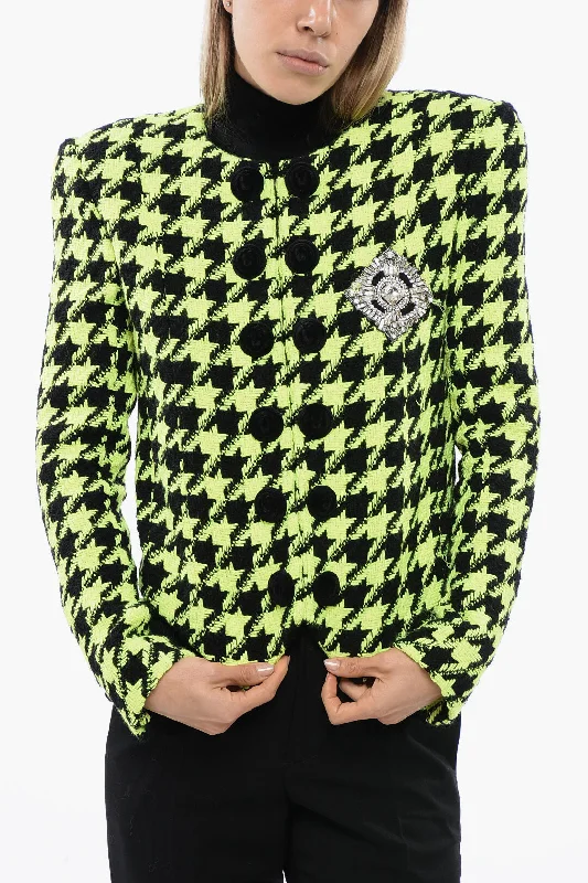 Cotton JacketsBalmain Neon Houndstooth Tweed Jacket With Velvet Buttons