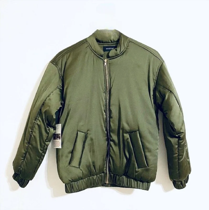 Embellished JacketsWomen's Simple Bomber Puffer Jacket In Green