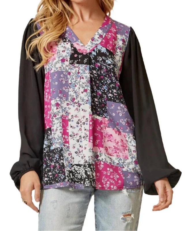 Festival ShirtsFloral Patchwork Blouse In Black/pink