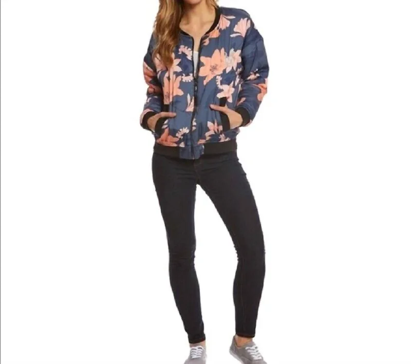 Glitter JacketsFloral Print Bomber Zip Up Puff Jacket In Blue, Pink