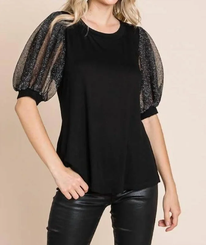 Asymmetrical ShirtsShimmer Puff Sleeve Blouse In Black