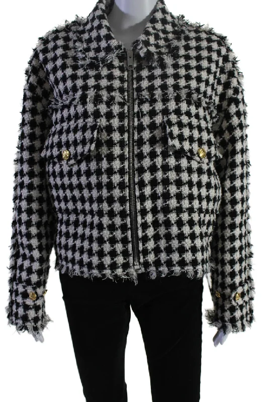 Polyester JacketsGucci Womens Front Zip GG Pocket Fringe Plaid Knit Jacket Black White