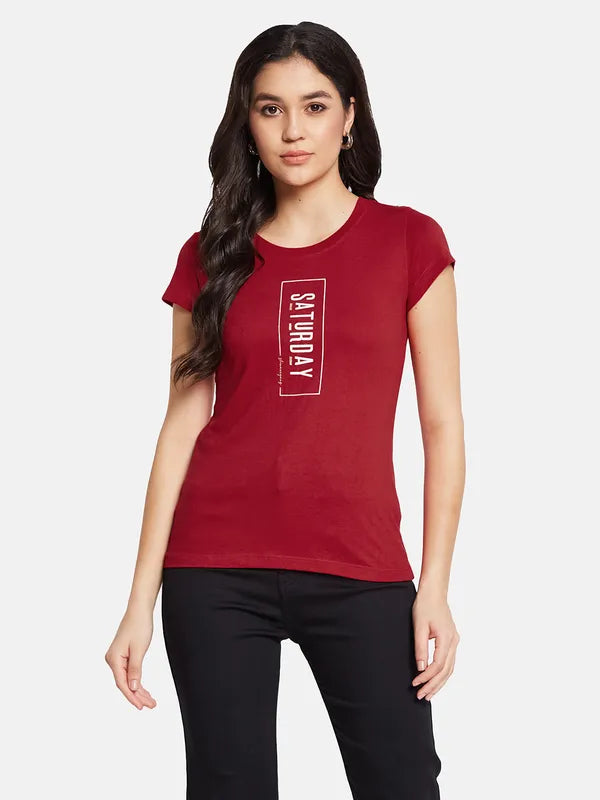 Mettle Women Cherry Red Round Neck Typography Printed T-ShirtLogo T-Shirts