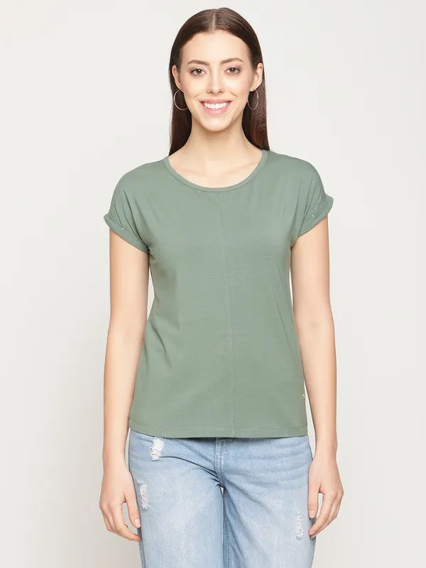 Mettle Women Olive Green Solid Extended Sleeves Cotton T-ShirtStudded T-Shirts