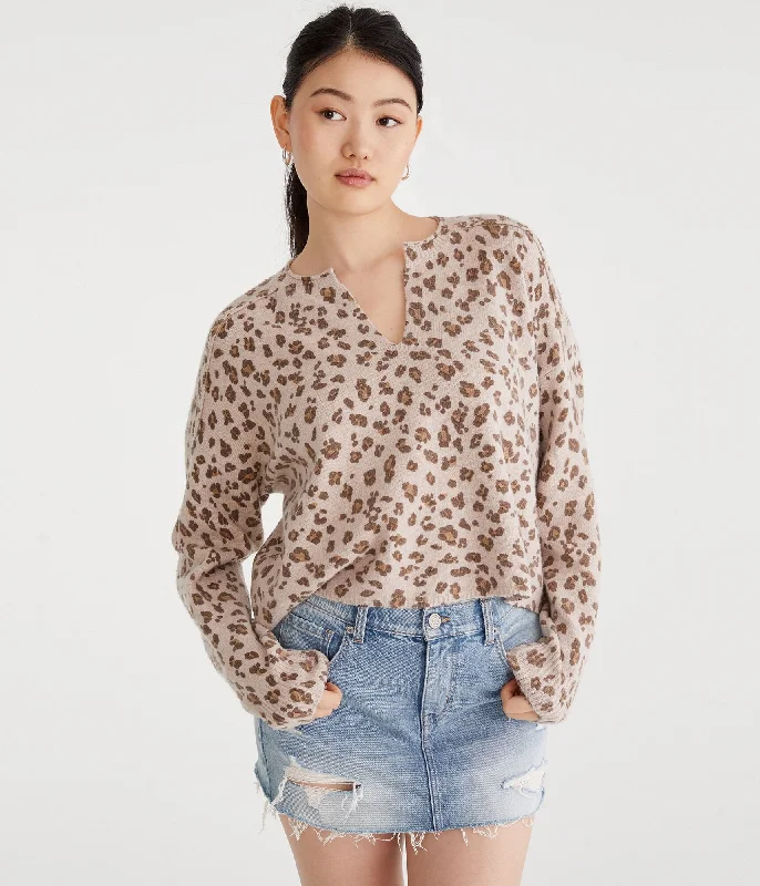 Aeropostale Leopard Oversized V-Neck SweaterYoga Knit Tops