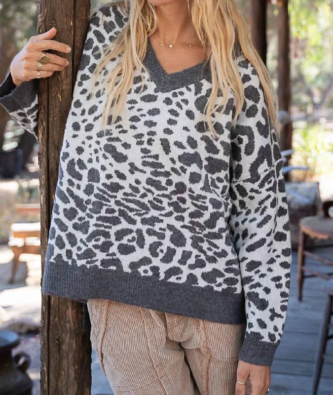 Animal Print Sweater In Grey/ivoryYoga Knit Tops