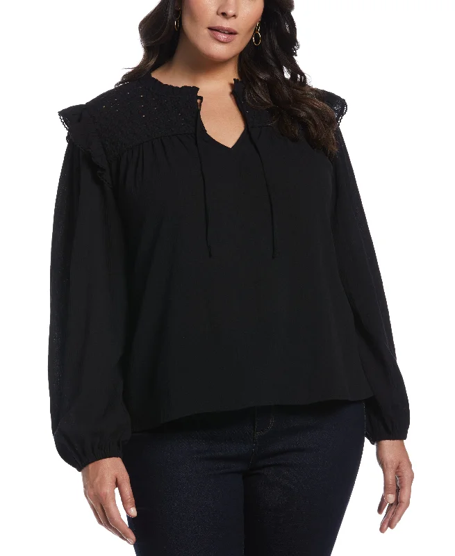 Plus Size Eyelet Yoke Ruffle Gauze BlousePlus size women's silk tops