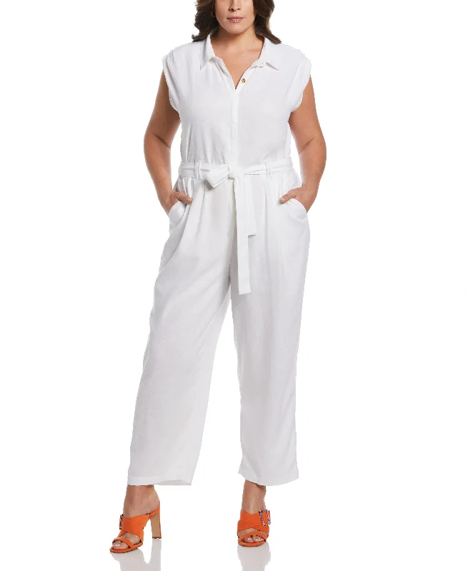 Plus Size Linen Blend JumpsuitPlus size women's solid color tops