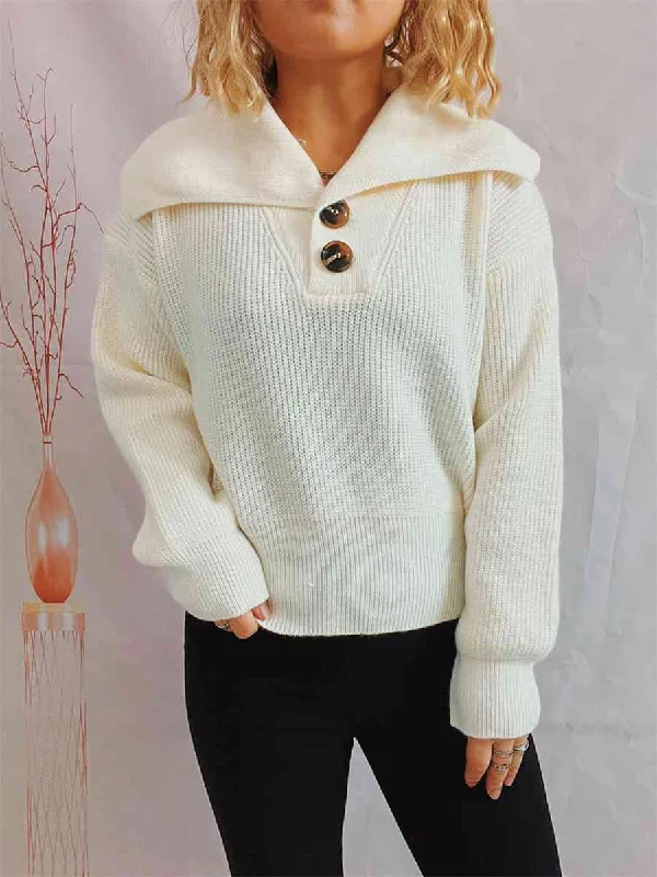 Statement Collar Half Button SweaterStudded Knit Tops