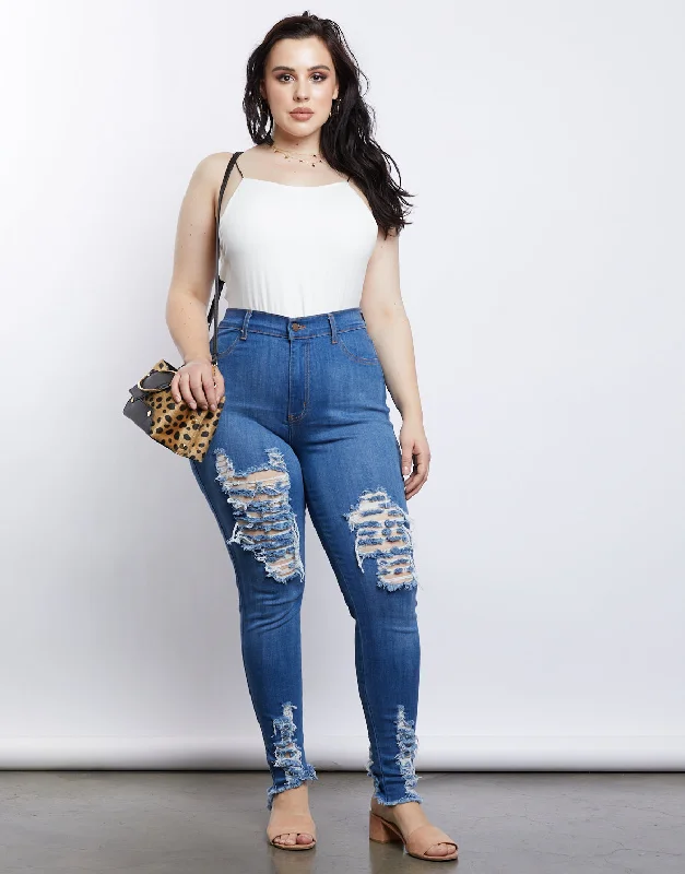 Plus Size Ripped Blue JeansLarge women's stretch tops