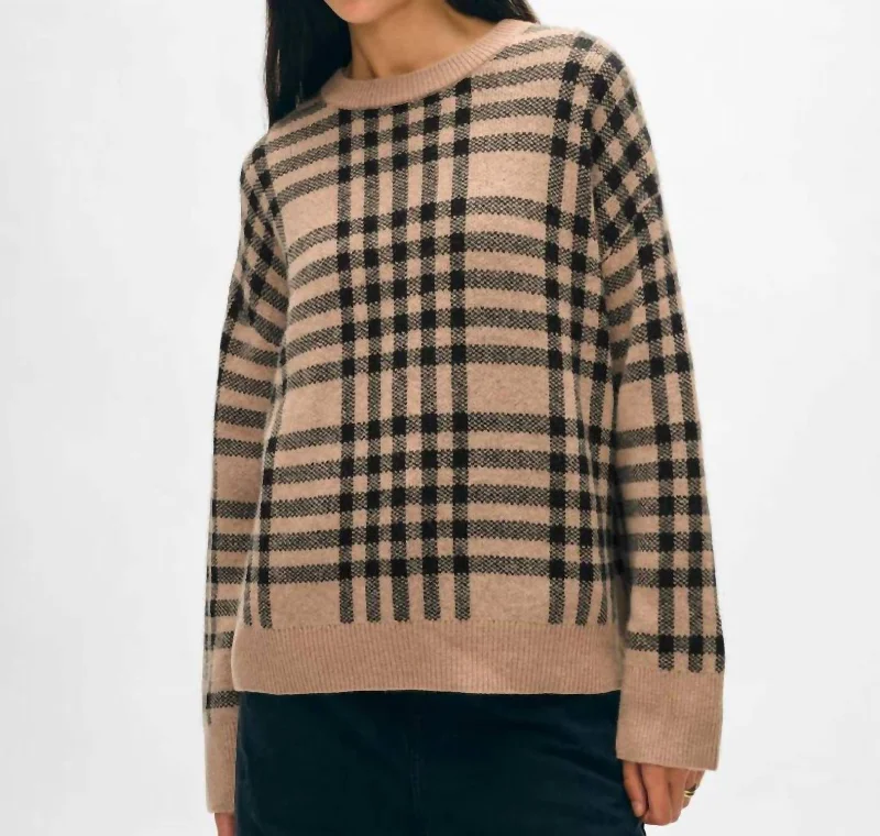 Cashmere Plaid Crewneck Sweater In Camel/blackStriped Knit Tops