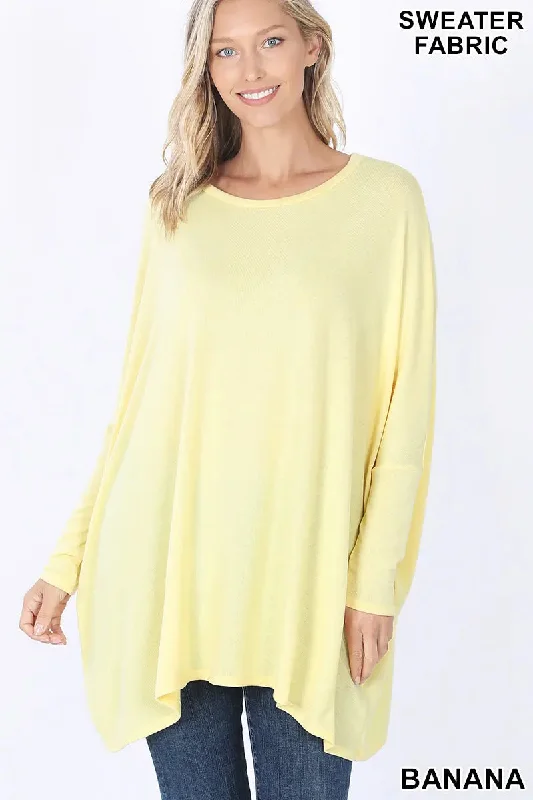 ZENANA SWEATER FABRIC OVERSIZE ROUND NECK PONCHO HT-2555AB  BANANAMetallic Knit Tops