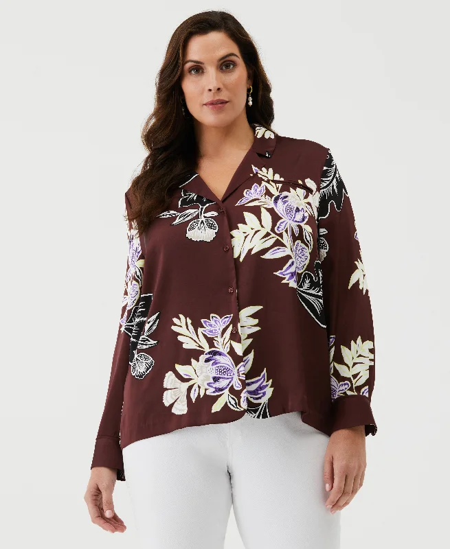 Plus Size Floral Print Shirt with PipingLarge women's breathable tops