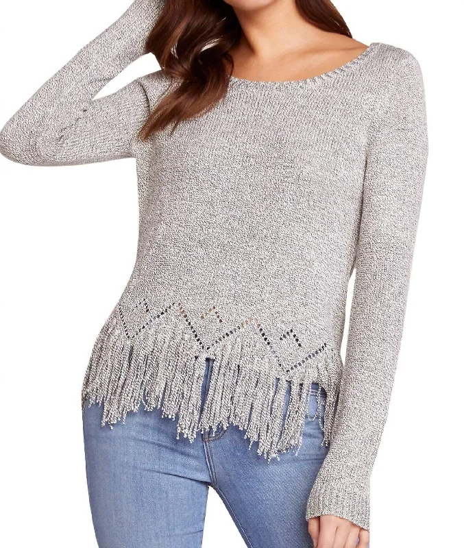 Hang Loose Marled Yarn Fringe Sweater In GrayCable Knit Tops