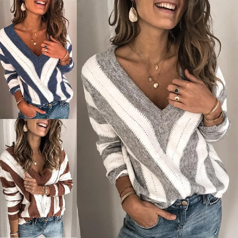 Gorgeous Women's Striped Sweater - V Neck Knitted Jumper - Women Knitted Sweaters & Pullovers (D23)(D20)(TB8C)(TP4)Spring Knit Tops