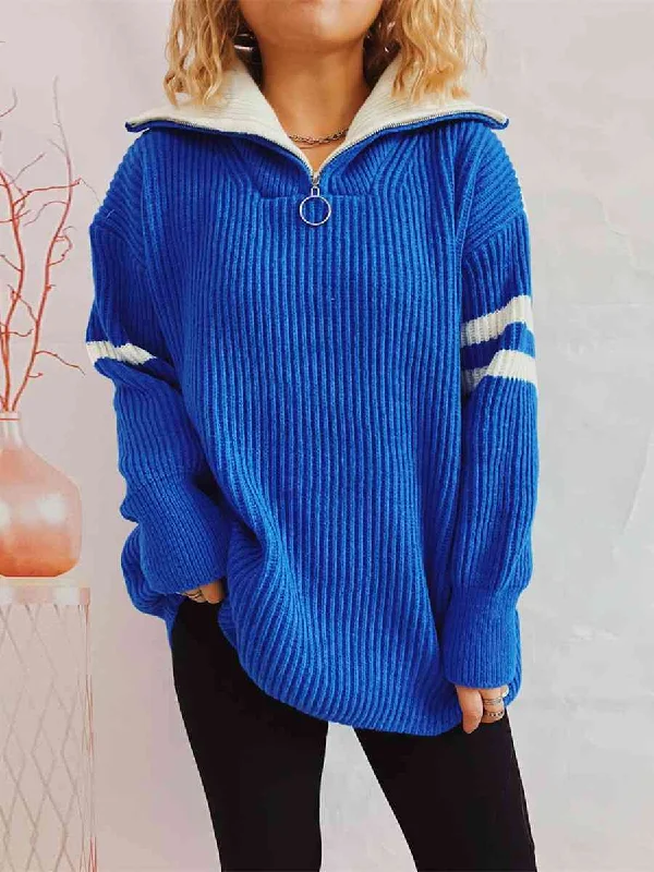 Ribbed Two-Tone Half Zip SweaterRibbed Cuff Knit Tops