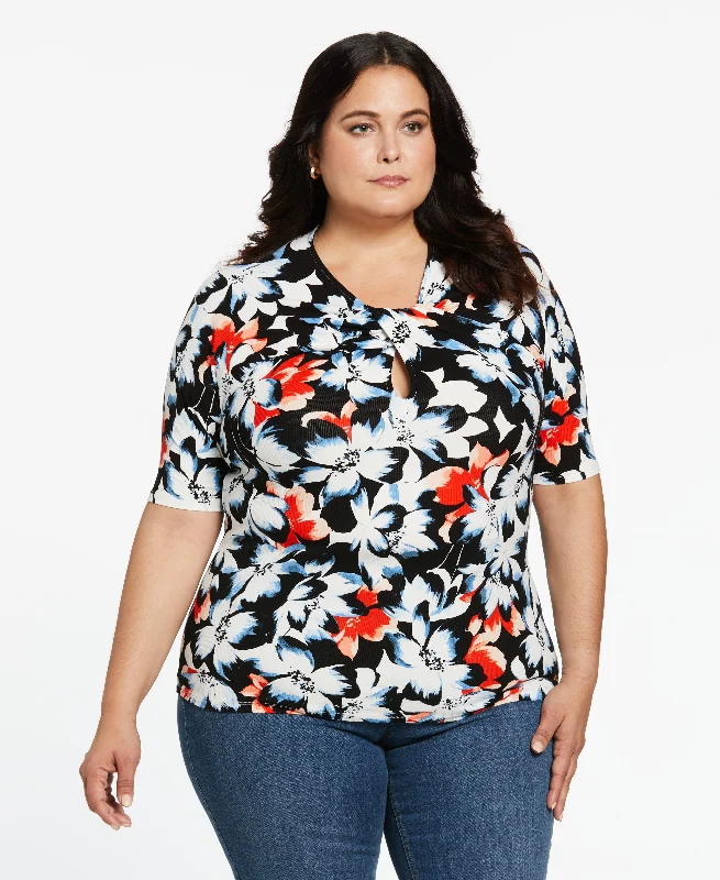 Plus Size Floral Elbow Sleeve TopWomen's autumn tops