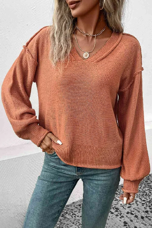 V-Neck Exposed Seam SweaterTasseled Knit Tops