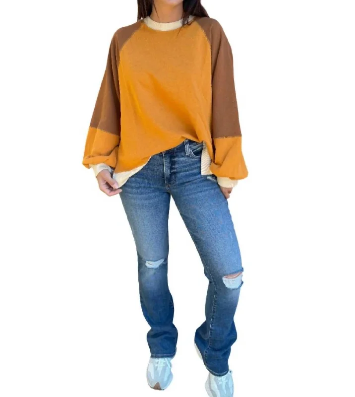 Color Block Terry Knit Pullover Top In MustardYoga Knit Tops