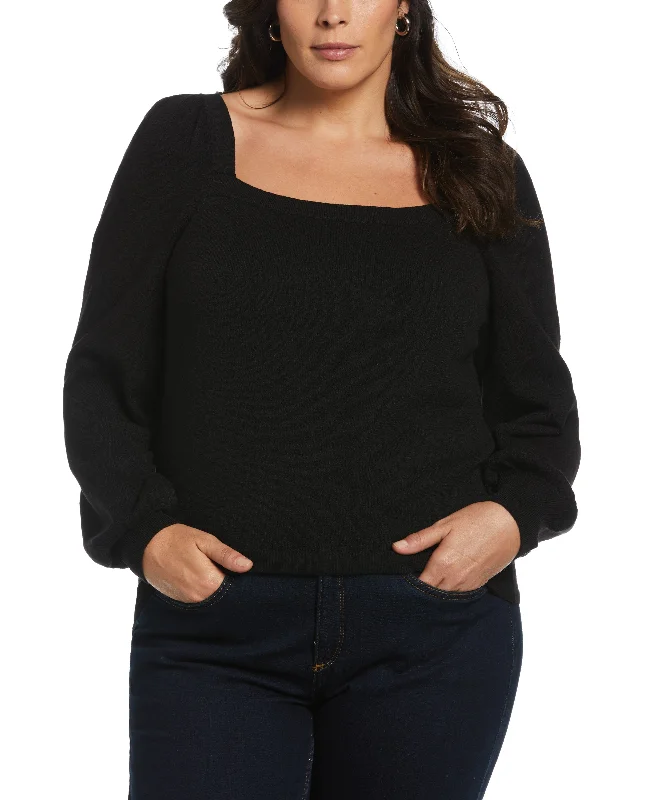 Plus Size Square Neck Puff Sleeve SweaterWomen's autumn tops