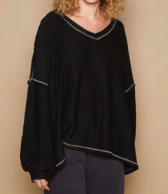 Oversize Fit Overlock Detail Knit Sweater In BlackSheer Knit Tops