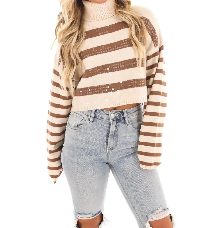 Glimmer Stripe Crop Sweater In Mocha/creamLayered Knit Tops