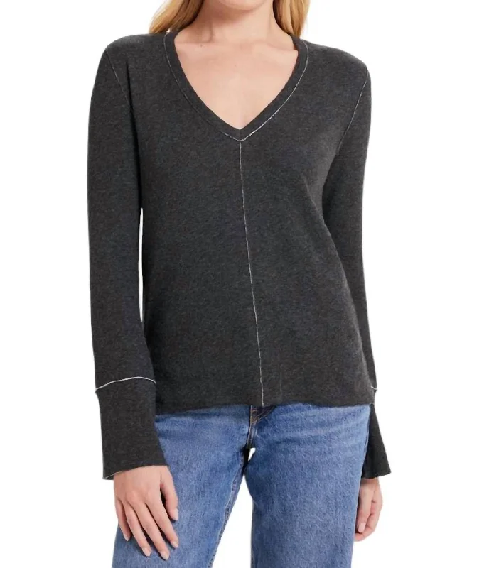 Stella V-Neck Pullover Sweater In Charcoal/gray HeatherCycling Knit Tops