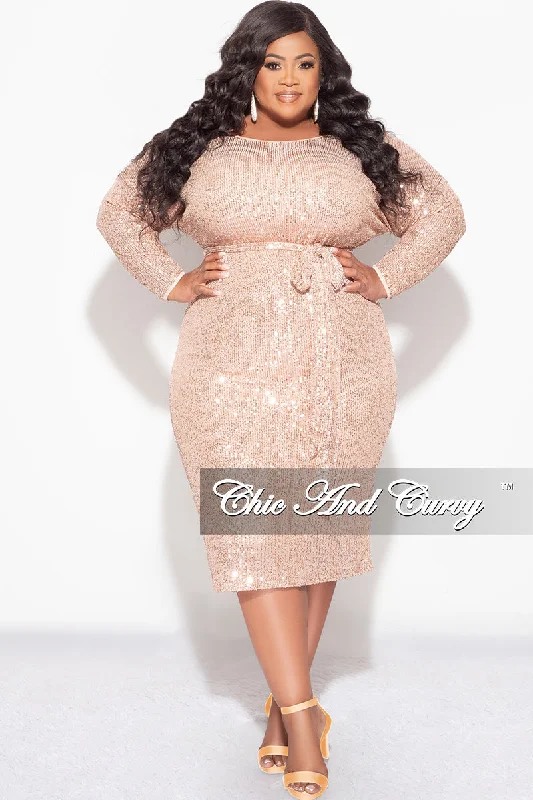 Final Sale Plus Size Sequin Dress with Tie in GoldLarge women's stretch tops