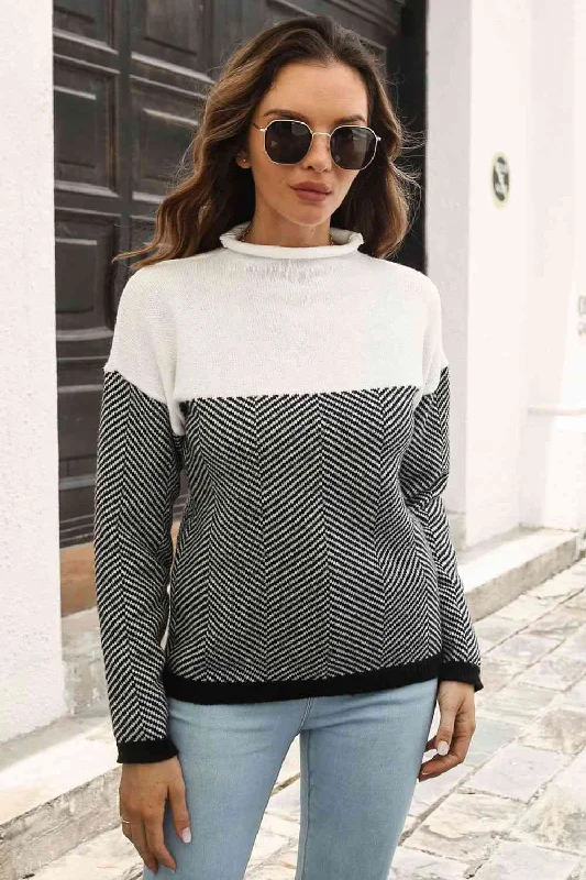 Two-Tone Mock Neck Dropped Shoulder Pullover SweaterTravel Knit Tops