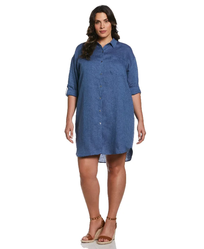 Plus Size Roll Sleeve Linen Shirt DressKnitted 