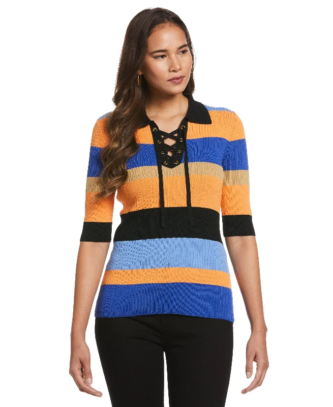 Plus Size Lace-Up Polo SweaterWomen's affordable tops