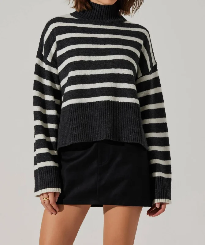 Sophea Striped Mock Neck Sweater In Charcoal CreamStriped Knit Tops