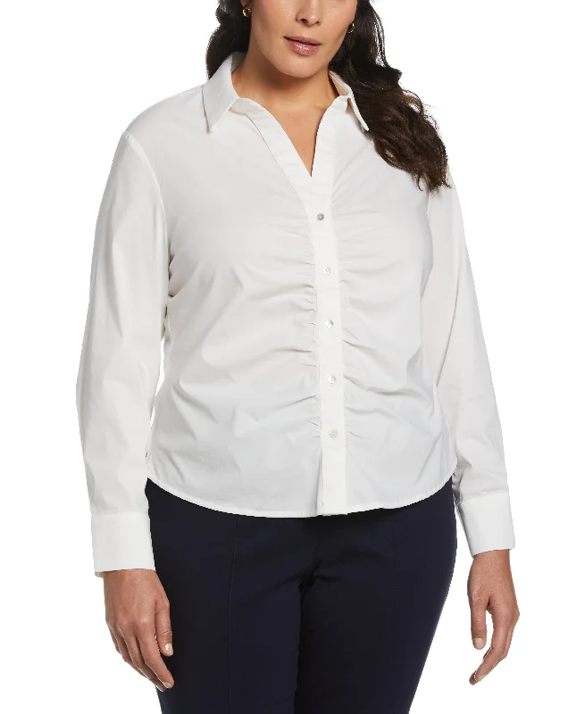 Plus Size Ruched Front Poplin ShirtLarge women's belly-baring tops