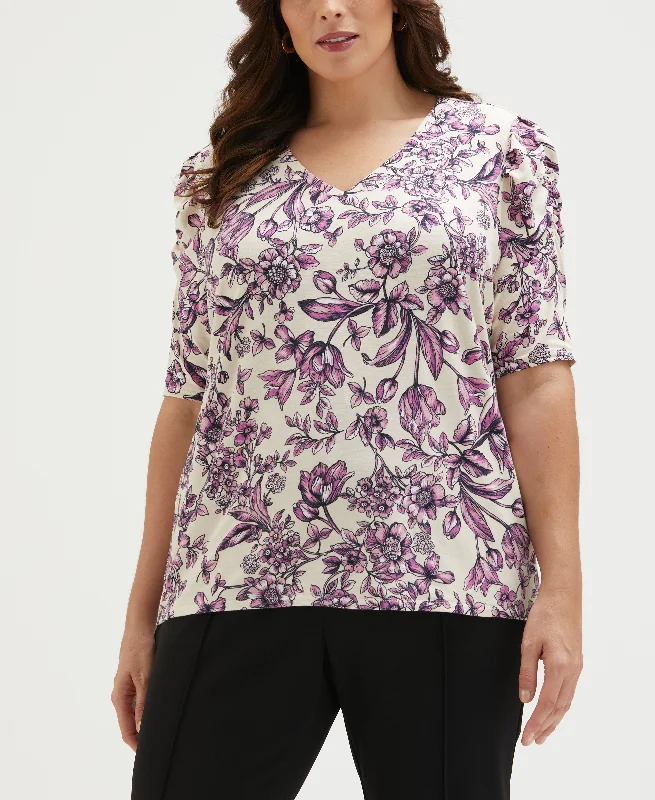 Plus Size Floral Print Puff Elbow Sleeve TopLarge women's quick-drying tops