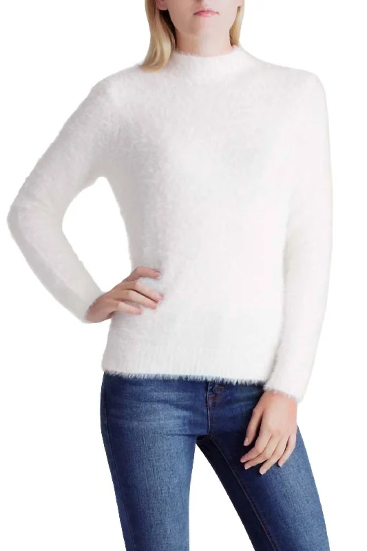 Fur Yarn Long Sleeve Mock Neck Sweater In WhiteLinen Knit Tops