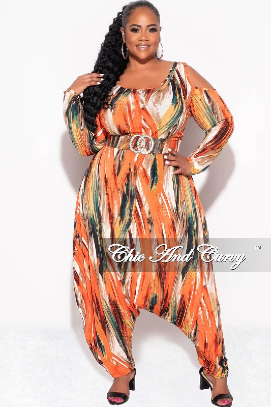 Final Sale Plus Size Cold Shoulder Harem Jumpsuit in Orange Multi-PrintWomen's luxury tops