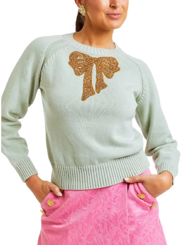 Delilah Bow Sweater In MintMetallic Knit Tops