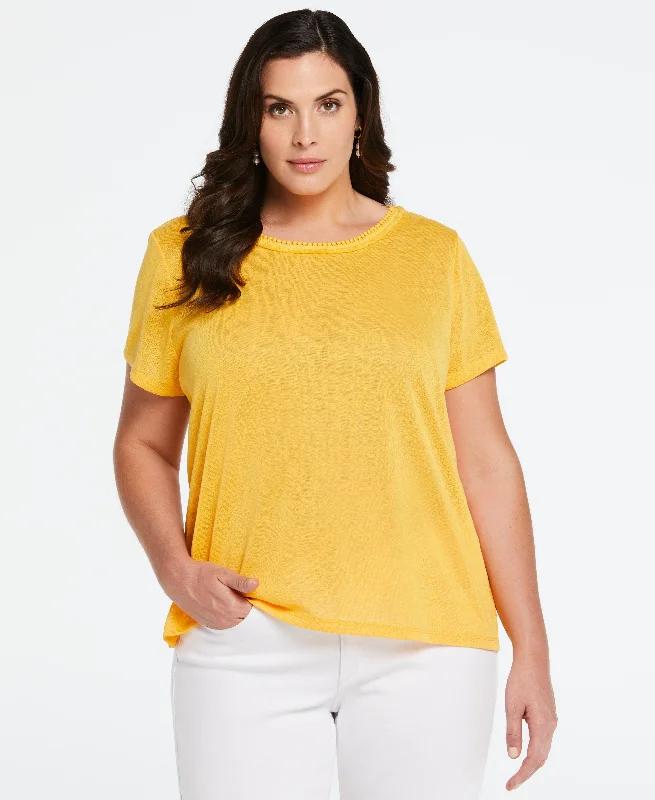 Plus Size Eco Fabric Short Sleeve Top with Decorative TrimWomen's long sleeve tops