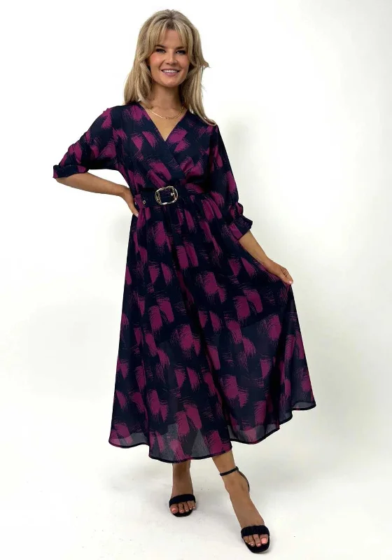 Kate & Pippa Positano Belted Midi Dress, Navy & Magenta