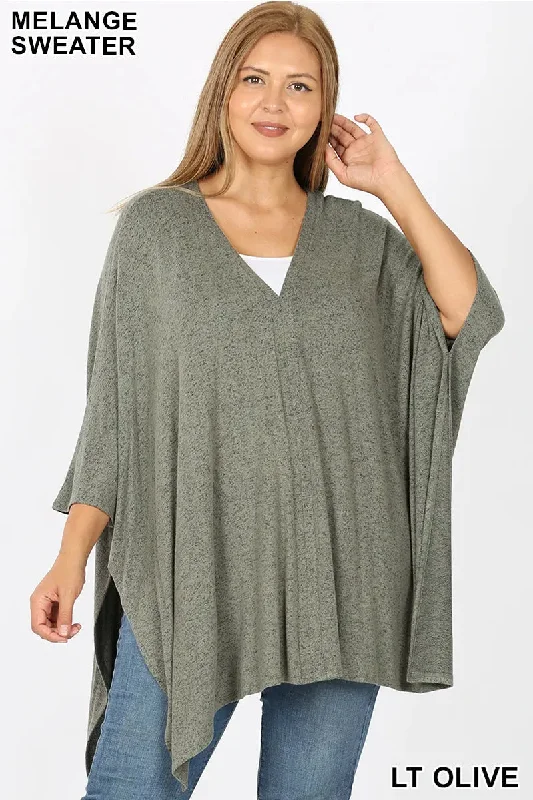 zenana premium  PLUS BRUSHED MELANGE SWEATER   LT OLIVEOrganic Cotton Knit Tops