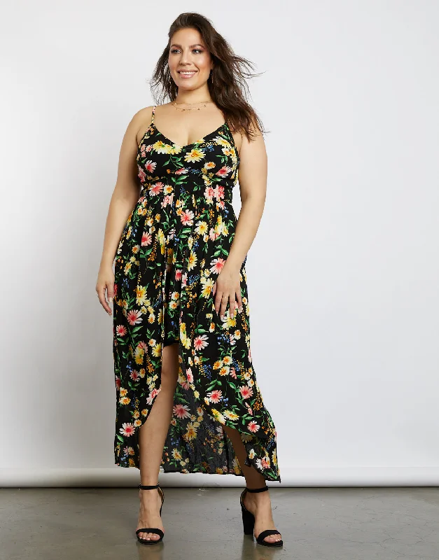 Plus Size Floral Days Maxi DressLarge women's waist-baring tops