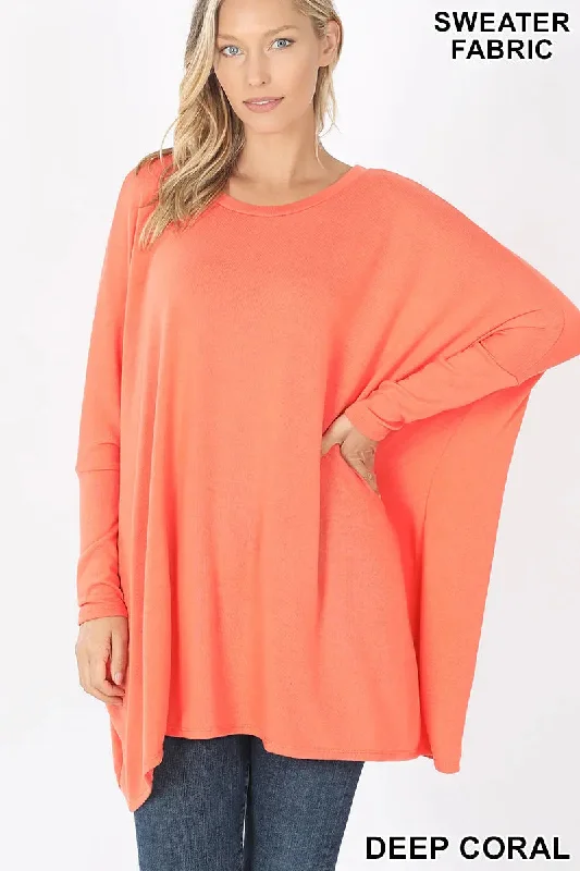 ZENANA SWEATER FABRIC OVERSIZE ROUND NECK PONCHO HT-2555AB  DEEP CORALThermal Knit Tops