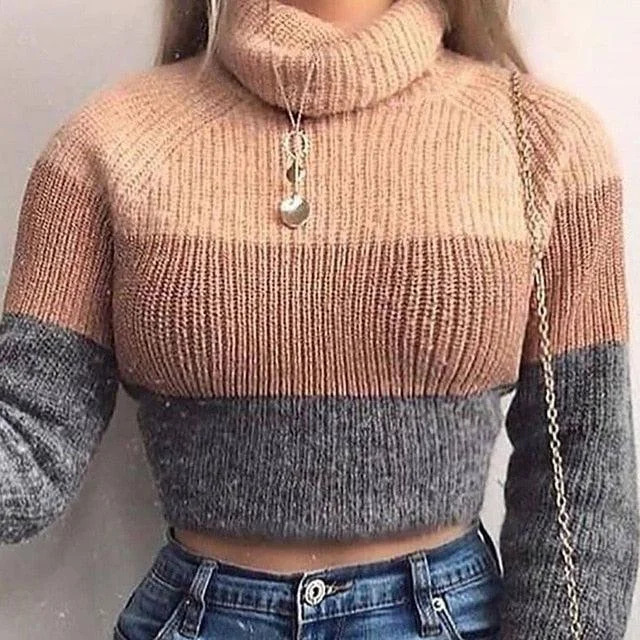 Beautiful Khaki Crop Sweater - Turtleneck Female Cotton Knitted Striped Sweaters - Long Sleeve Autumn Winter Warm Sweaters (TB8C)(F23)Oversized Knit Tops