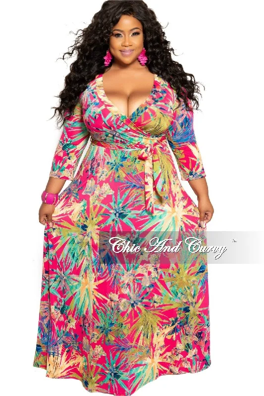 Final Sale Plus Size Deep V-Neck Faux Wrap Dress with 3/4 Sleeves in Hot Pink Multi Color Floral PrintWomen's dating tops