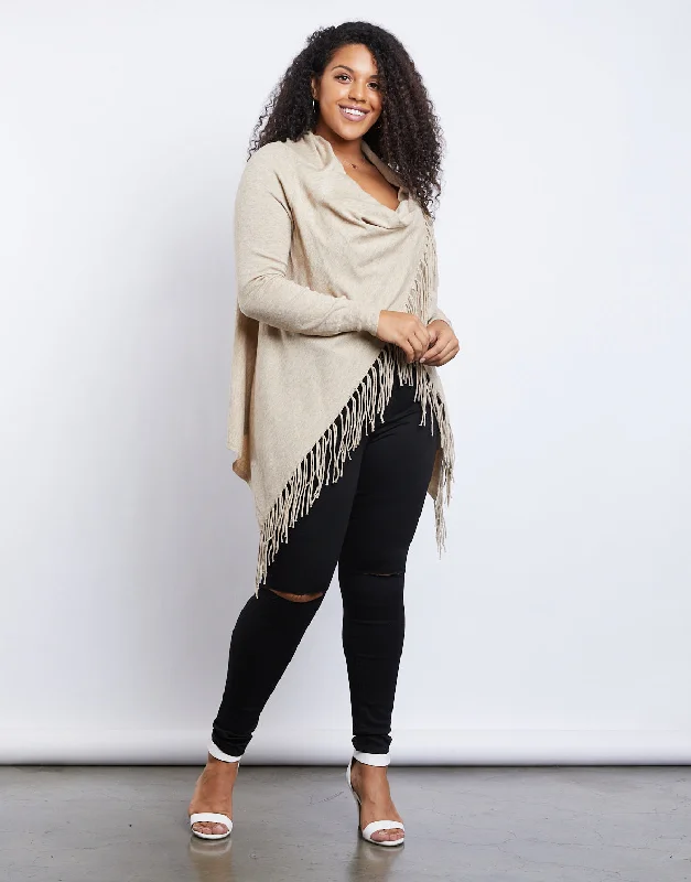 Plus Size Fringe Draped SweaterPlus size women's casual tops