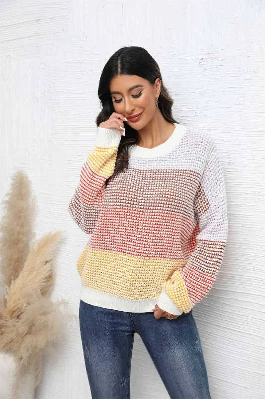 Waffle-Knit Round Neck Dropped Shoulder Color Block SweaterLayered Knit Tops